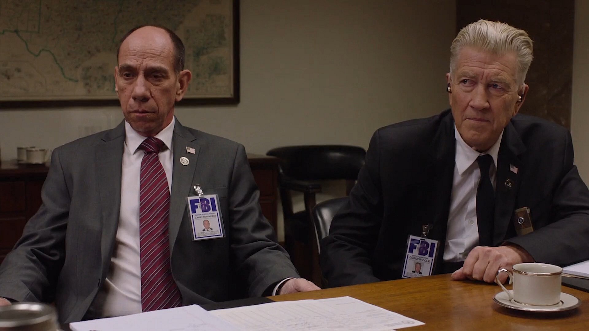 Agents Albert (Miguel Ferrer) and Cole (David Lynch) receive a mission update in Twin Peaks: The Return Season 1 Episode 9 "This Is The Chair" (2017), Showtime