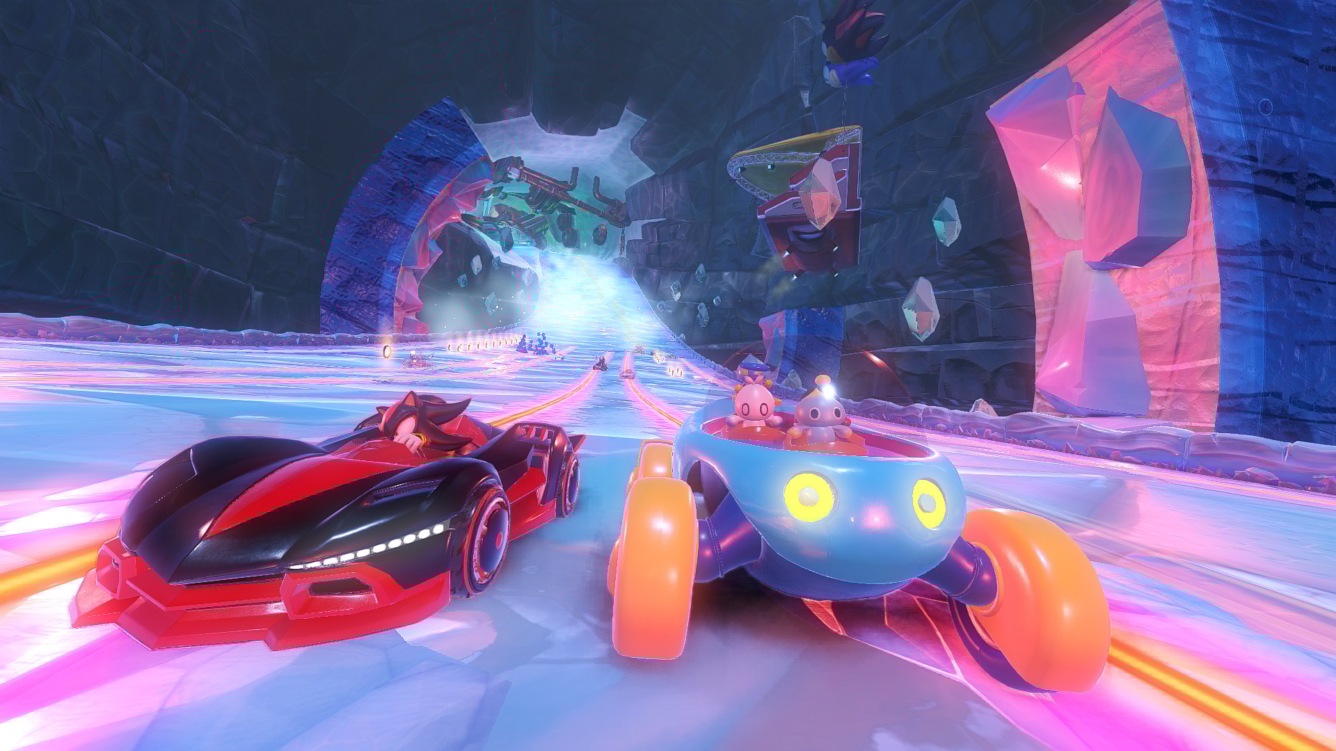Shadow (Kirk Thornton) races the Chao through the Frozen Junkyard in Team Sonic Racing (2019), Sega