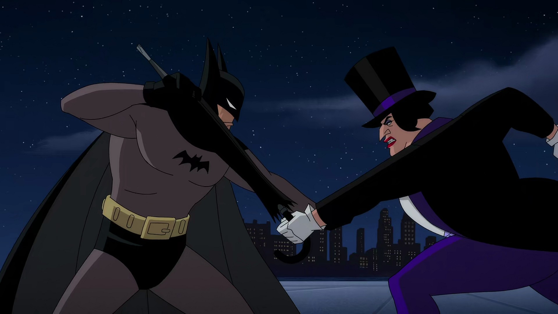 Batman (Hamish Linklater) counters a blow from The Penguin (Minnie Driver) in Batman: Caped Crusader Season 1 Episode 1 "In Treacherous Waters" (2024), Amazon Prime
