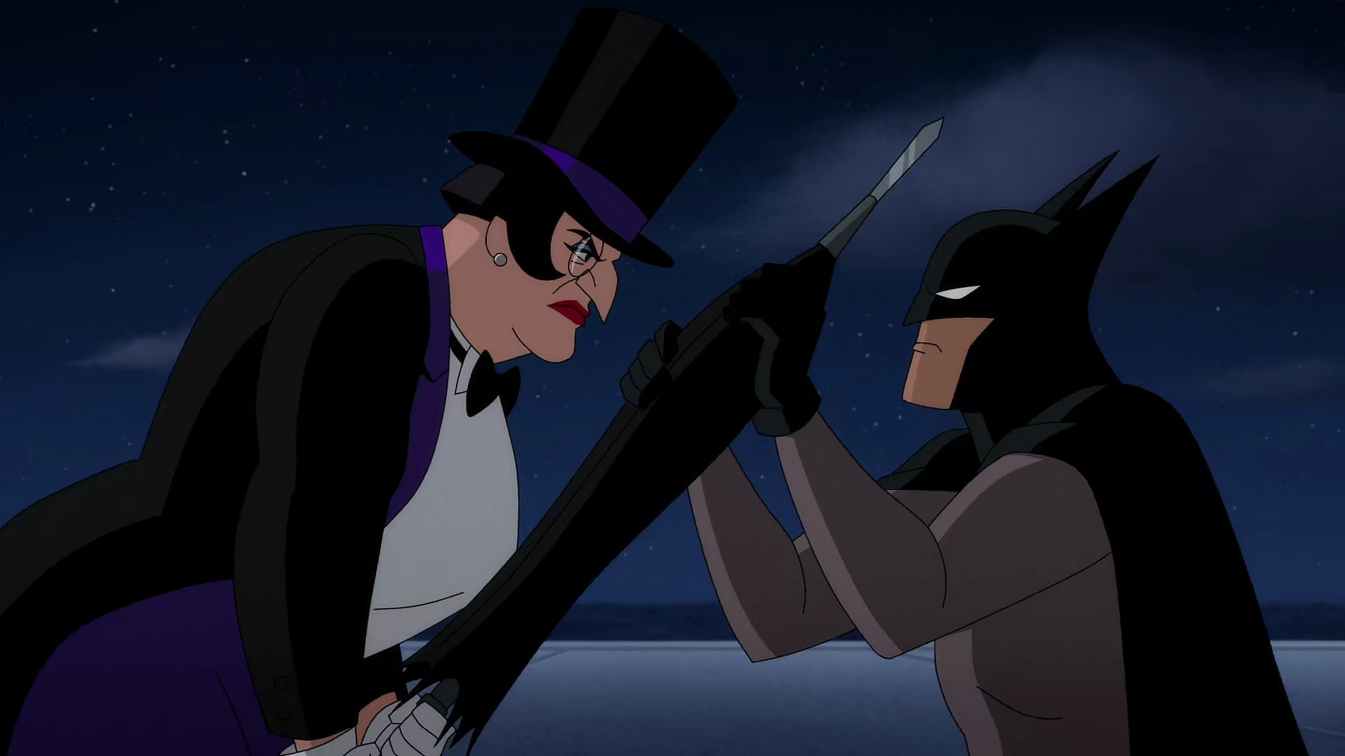 The Penguin (Minnie Driver) slashes at Batman (Hamish Linklater) in Batman: Caped Crusader Season 1 Episode 1 "In Treacherous Waters" (2024), Amazon Prime
