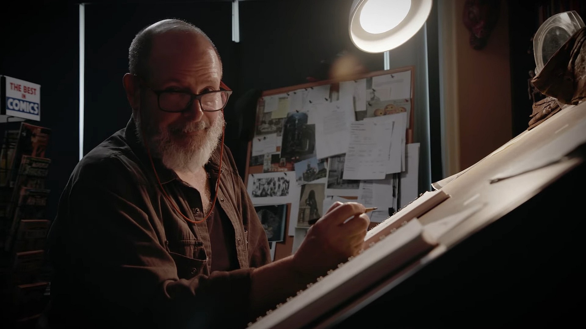 Mike Mignola sketches a new piece in Mike Mignola: Drawing Monsters (2022), Ink On Paper