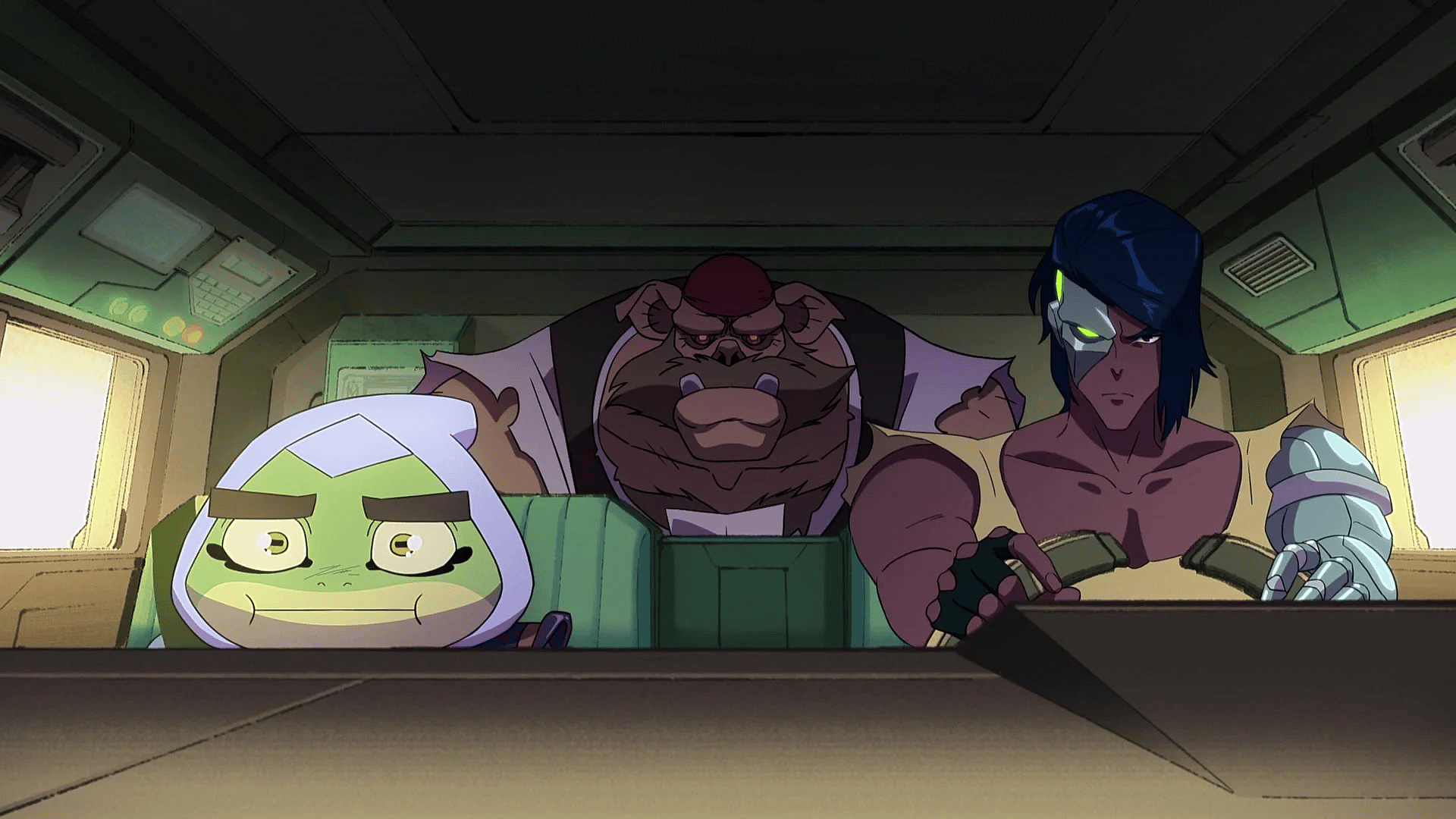 Bullfrog (Balak), Pey'j (Glenn Wrage), and Captain Laserhawk (Nathaniel Curtis) take a ride in Captain Laserhawk: A Blood Dragon Remix Season 1 Episode 3 (2023), Netflix