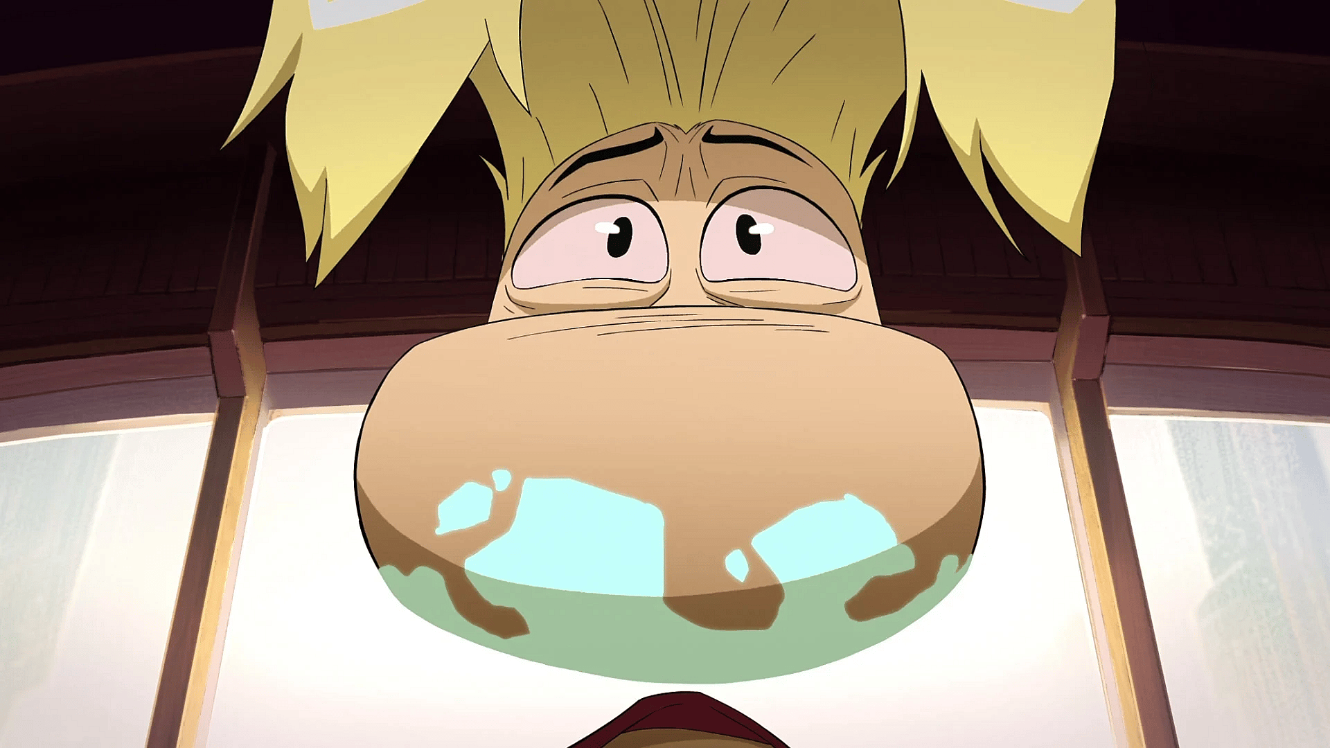 Rayman (David Menkin) snorts a mountain of cocaine while looking for direction in Captain Laserhawk: A Blood Dragon Remix Season 1 Episode 6 (2023), Netflix