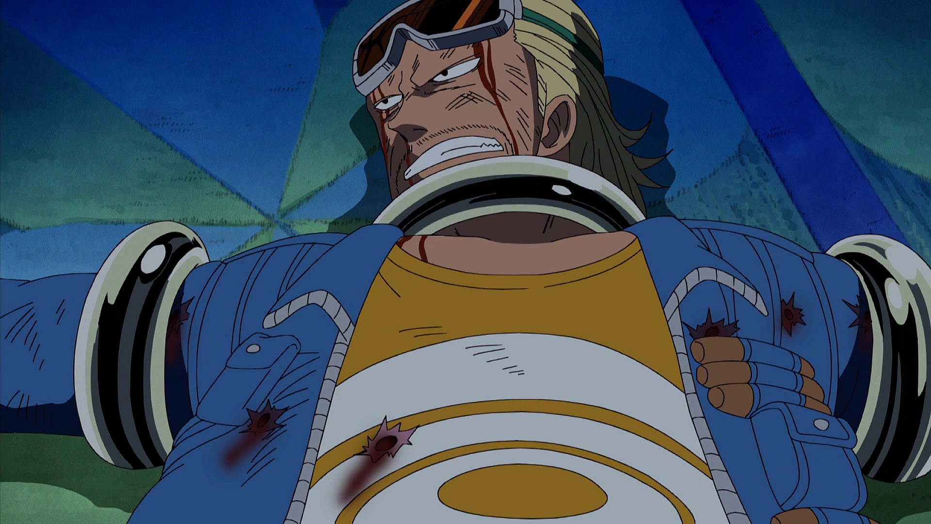 Paulie (Takahiro Yoshimizu) finds himself at the mercy of CP9 in One Piece Episode 244 "The Secret Bond! Franky and Iceburg" (2005), Toei Co. Ltd.