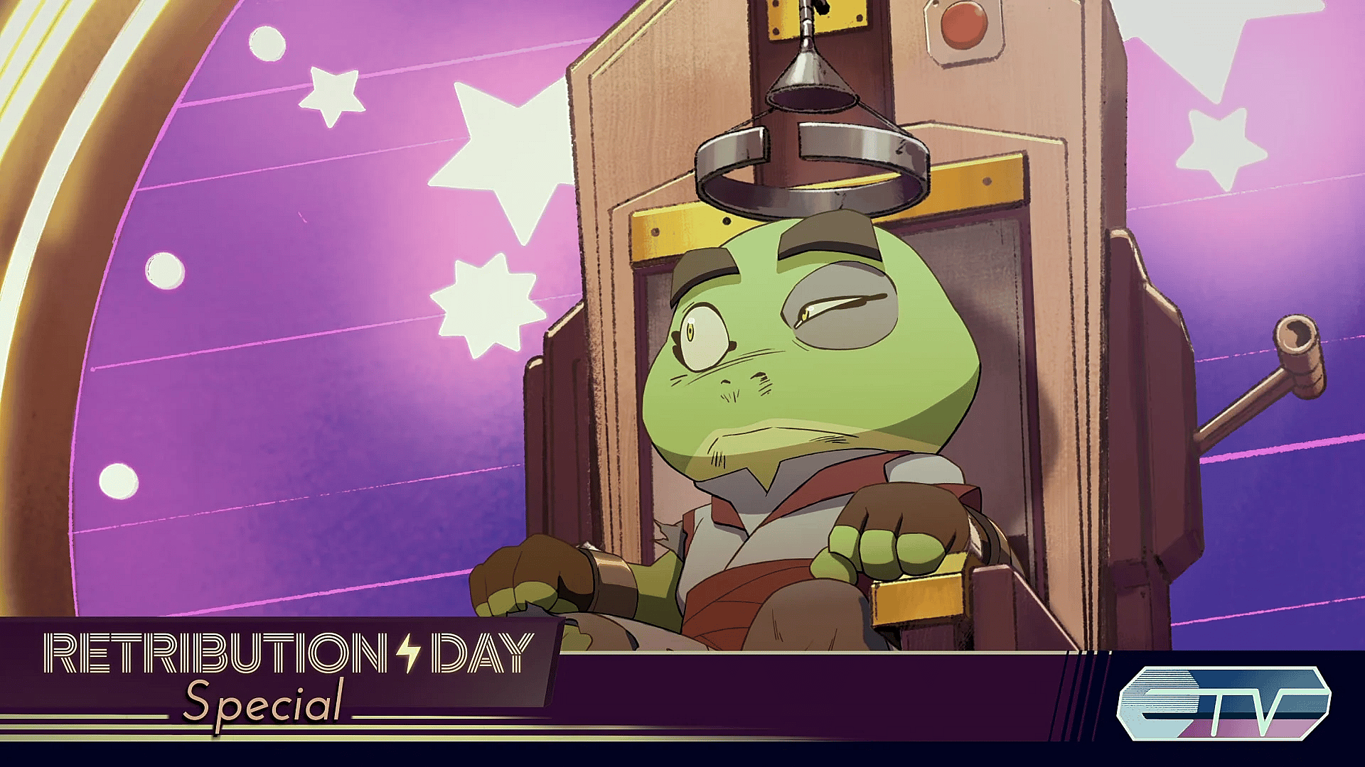 Bullfrog (Balak) faces execution in Captain Laserhawk: A Blood Dragon Remix Season 1 Episode 6 (2023), Netflix