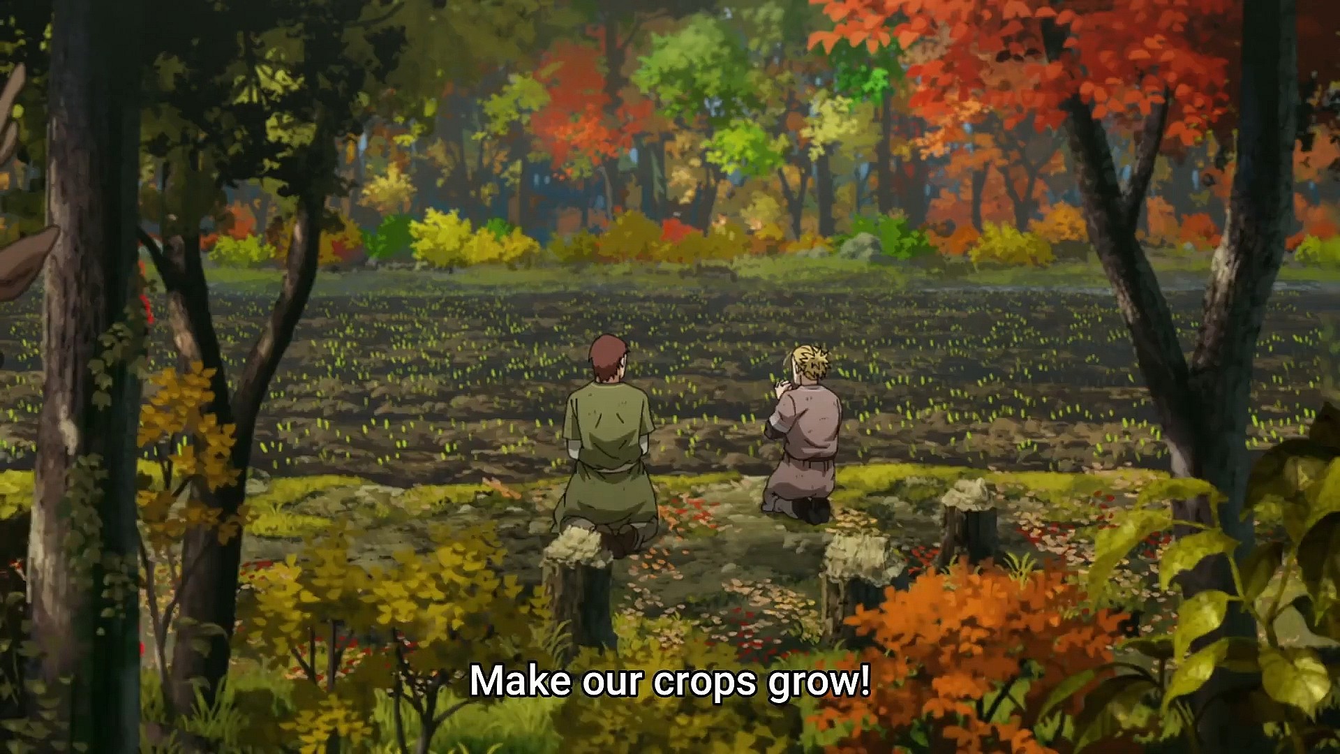 Einar (Shunsuke Takeuchi) and Thorfinn (Yūto Uemura) praying for a bountiful harvest. Vinland Saga, Kodansha