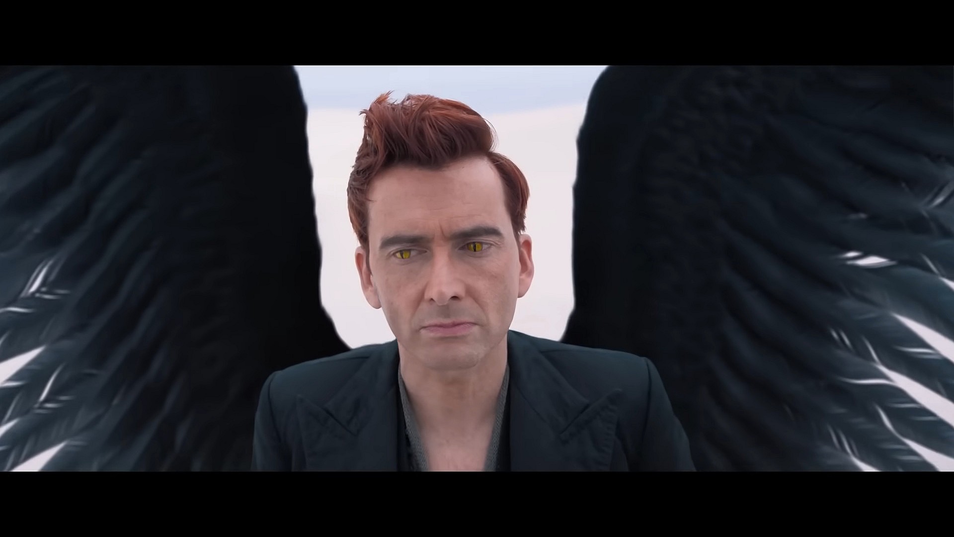 Crowley (David Tennant) finds himself back in his original form in Good Omens Season 1 Episode 6 "The Very Last Day of the Rest of Their Lives" (2019), Amazon Prime