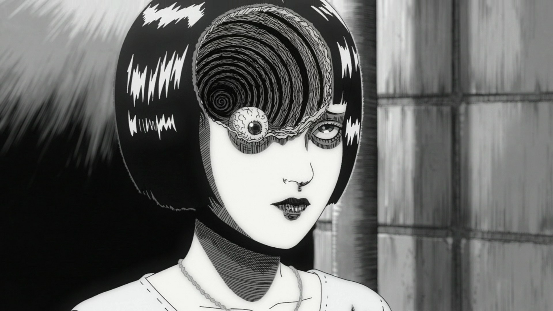 Azami (Mariya Ise) is fully engulfed by her spiral in Uzumaki Episode 1 (2024), Production I.G.