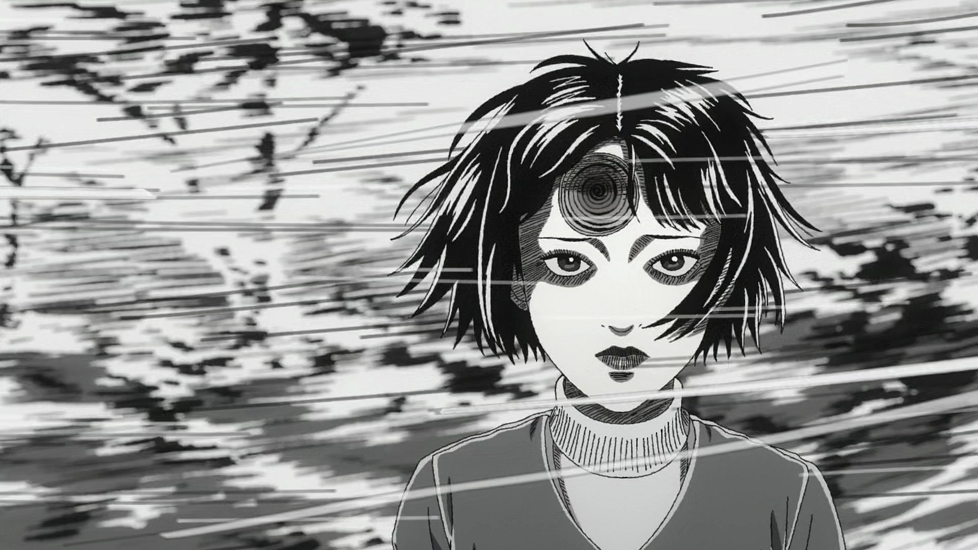 Azami (Mariya Ise) reveals her spiral-shaped scar in Uzumaki Episode 1 (2024), Production I.G.