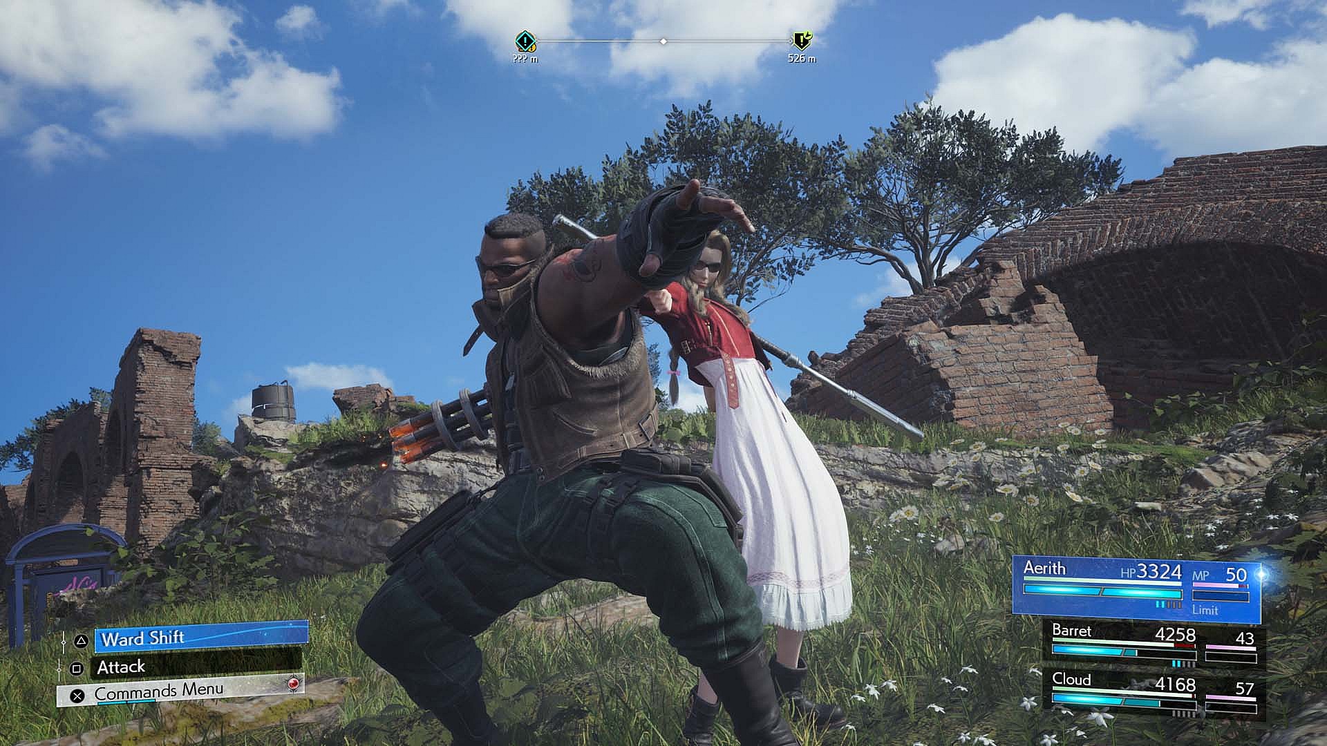 Barret (Masato Funaki) and Aerith (Maaya Sakamoto) pose before unleashing "Sweet-and-Sour Salvo" in Final Fantasy VII Rebirth (2024), Square Enix