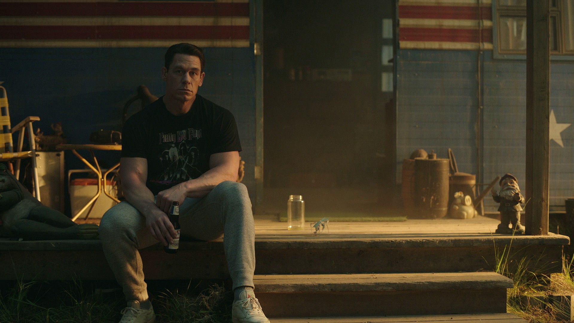 Peacemaker (John Cena) shares a drink with a Butterfly in Peacemaker Season 1 Episode 8 "It's Cow or Never" (2021), Warner Bros. Entertainment via HBO Max