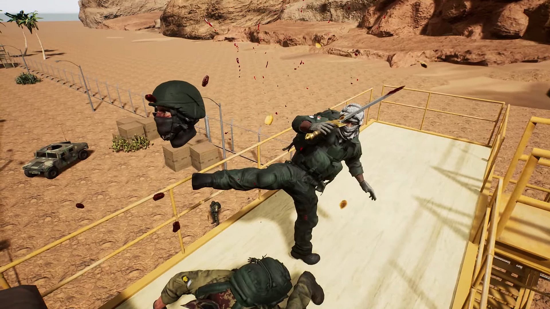 A Palestinian Soldier performs a cinematic takedown on an Israeli Defense Force soldier in Fursan al-Aqsa: The Knights of the Al-Aqsa Mosque (2023), Nidal Nijm Games