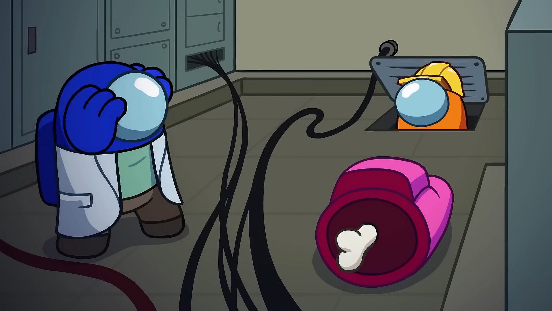 A pair of crewmates discover the corpse of their companion in Among Us (2018), Innersloth