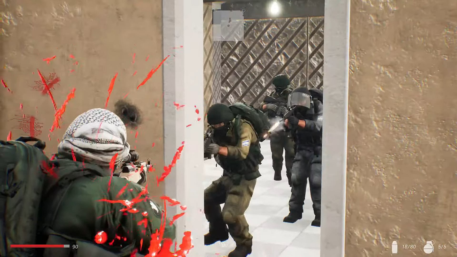 A Palestinian Soldier prepares to take on a trio of Israeli Defense Force soldier in Fursan al-Aqsa: The Knights of the Al-Aqsa Mosque (2023), Nidal Nijm Games