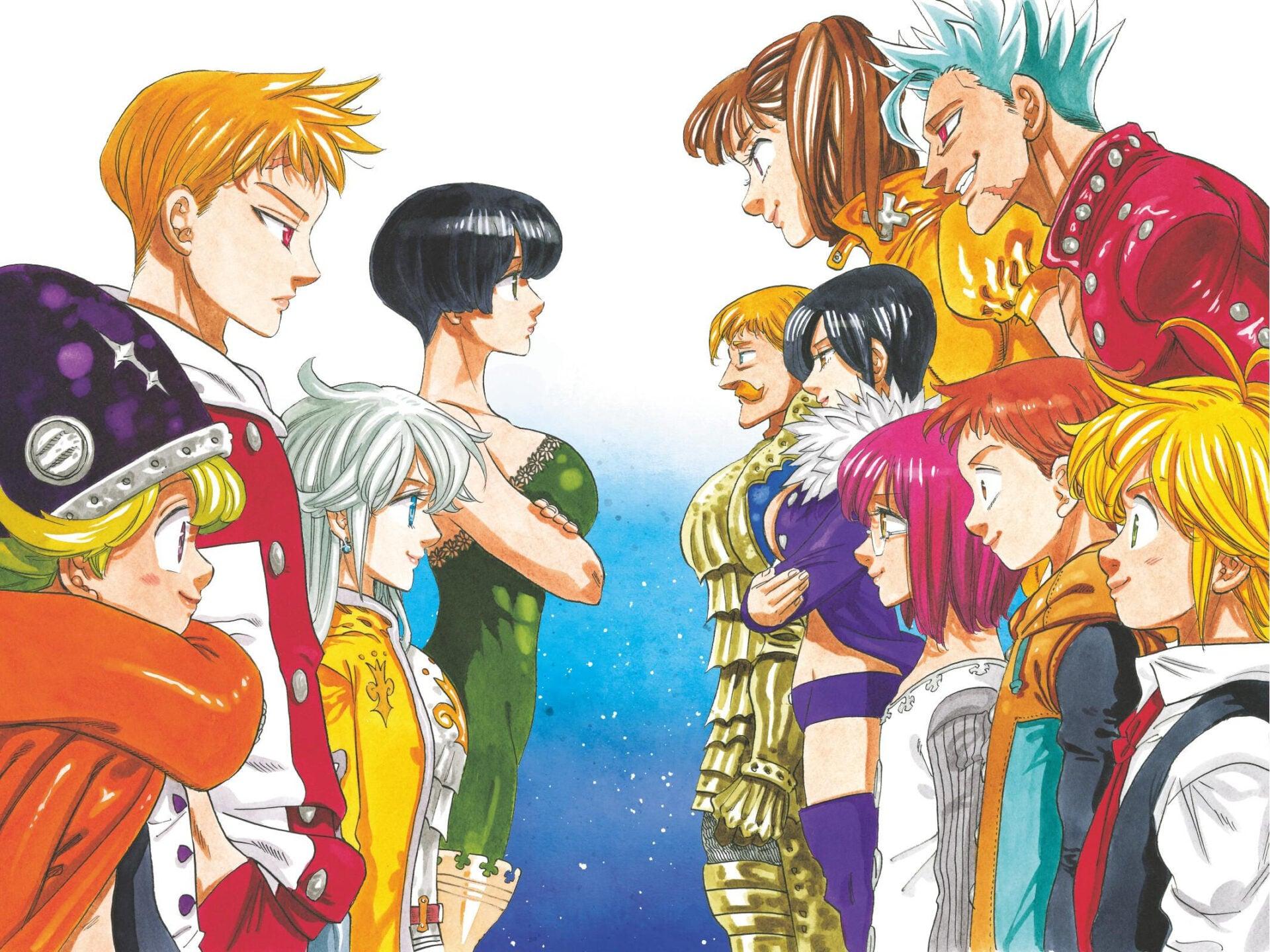 The Four Knights of the Apocalypse face off against The Seven Deadly Sins in Nakaba Suzuki's cover page to Four Knights of the Apocalypse Ch. 61 "The Fourth Arrives", Shueisha (2022)