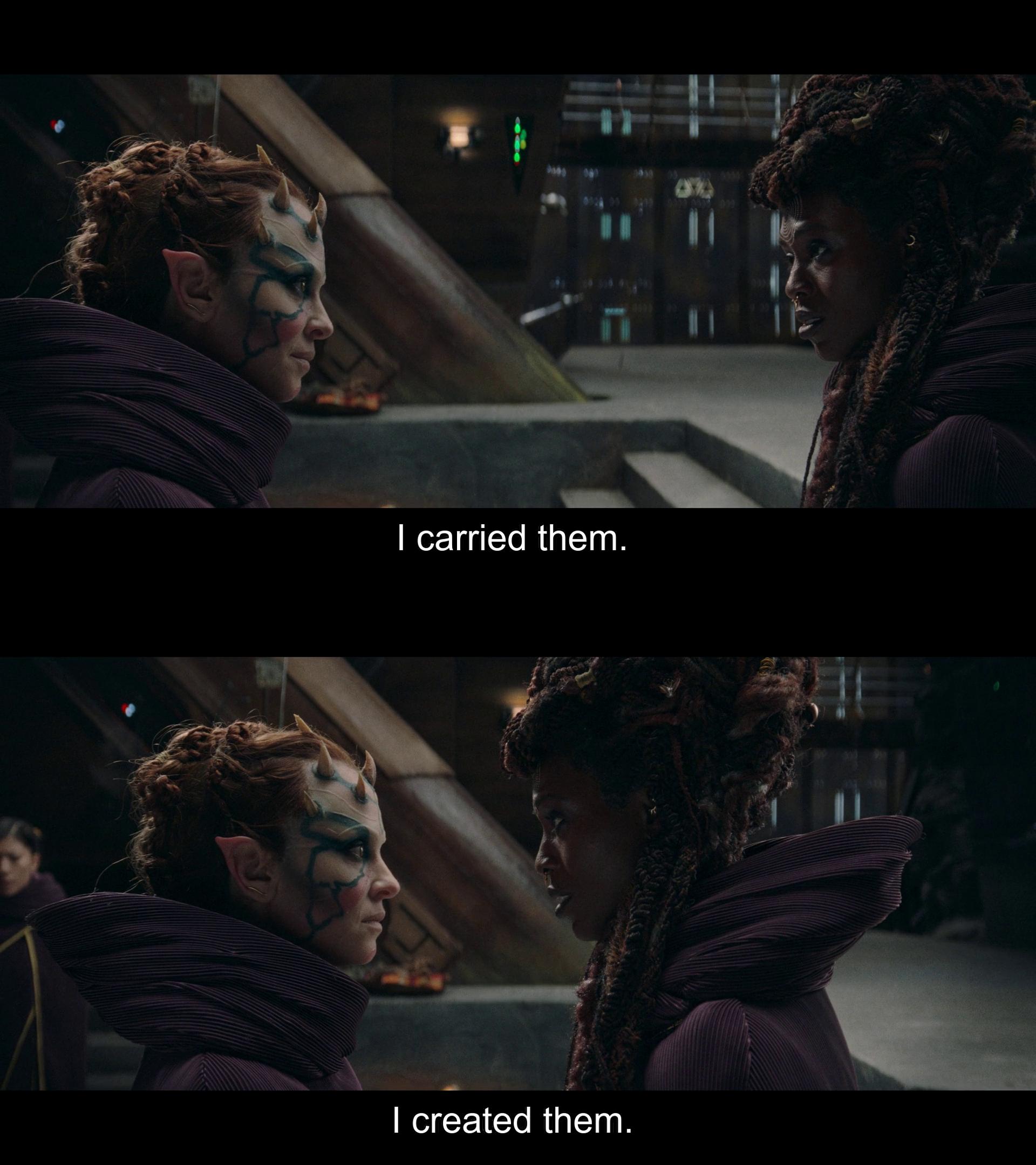 Aniseya (Jodie Turner-Smith) refuses to hear Koril's (Margarita Levieva) objections to her parenting decisions in The Acolyte Season 1 Episode 3 "Destiny" (2024), Disney