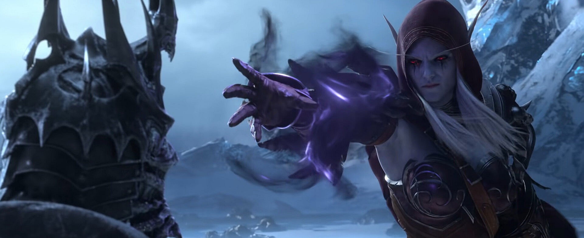 Sylvanas (Piera Coppola) steals the power of Arthas (Michael McConnohie) in World of Warcraft: Shadowlands (2020), Blizzard Entertainment