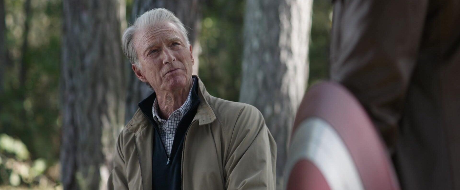 An aged Steve Rogers (Chris Evans) reveals himself to Sam Wilson (Anthony Mackie) in Avengers: Endgame (2019), Marvel Entertainment