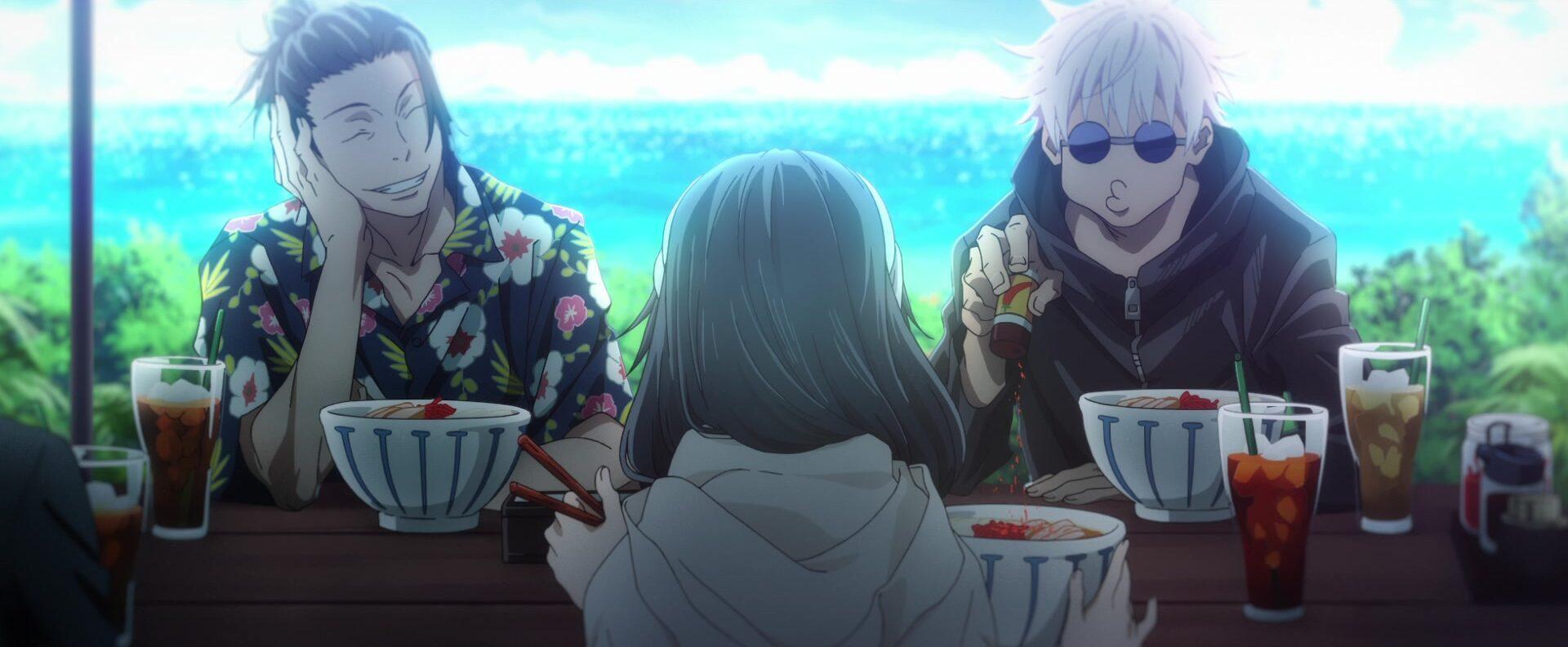 Satoru Gojo (Yuichi Nakamura), Suguru Geto (Takahiro Sakurai), and Shoko Ieiri (Aya Endo) enjoy lunch in Jujutsu Kaisen 0: The Movie (2021), MAPPA