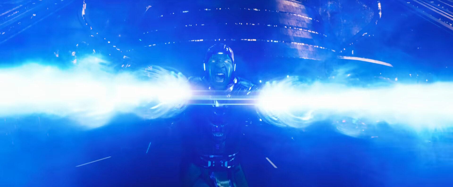 Kang the Conqueror (Jonathan Majors) unleashes his future-tech weaponry in Ant-Man and the Wasp: Quantumania (2023), Marvel Entertainment