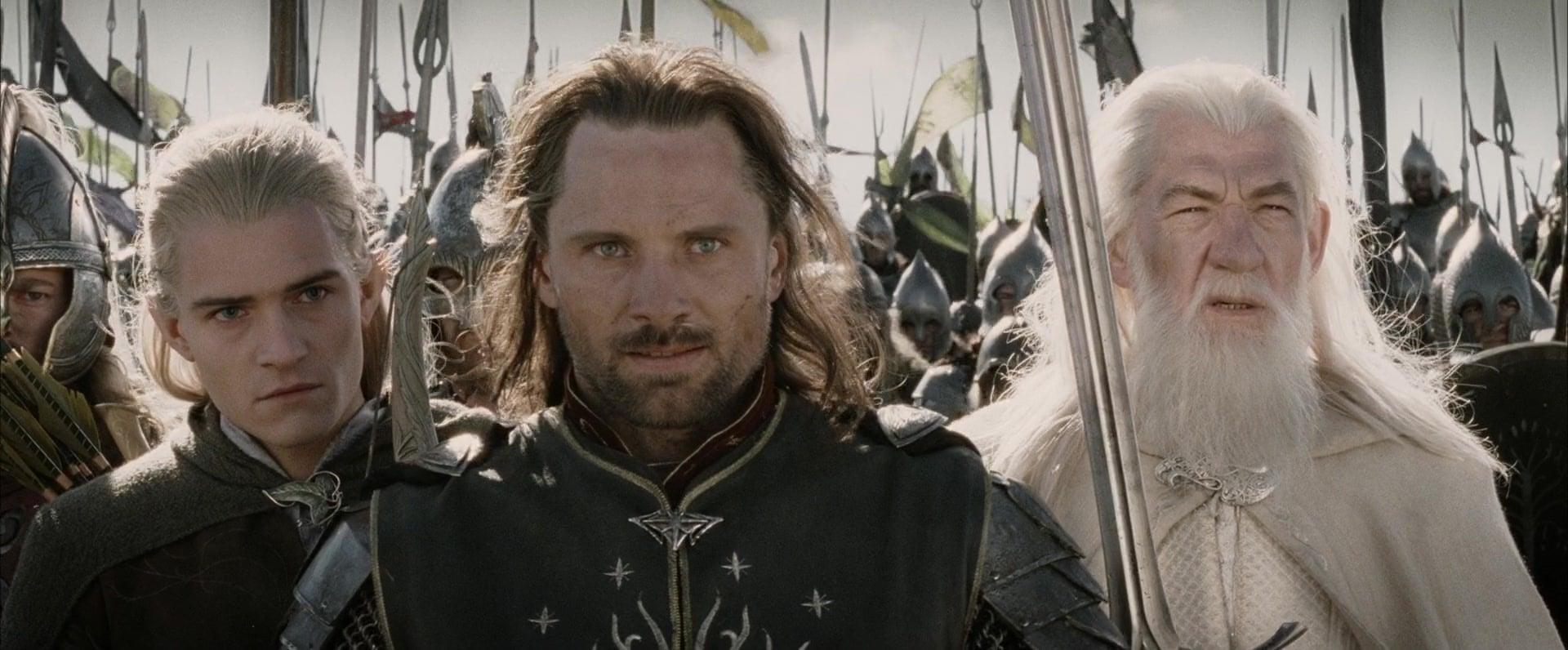 Legolas (Orlando Bloom), Aragorn (Viggo Mortensen), and Gandalf (Sir Ian McKellen) prepare to meet the forces of Mordor in The Lord of the Rings: The Return of the King (2003), Warner Bros. Pictures