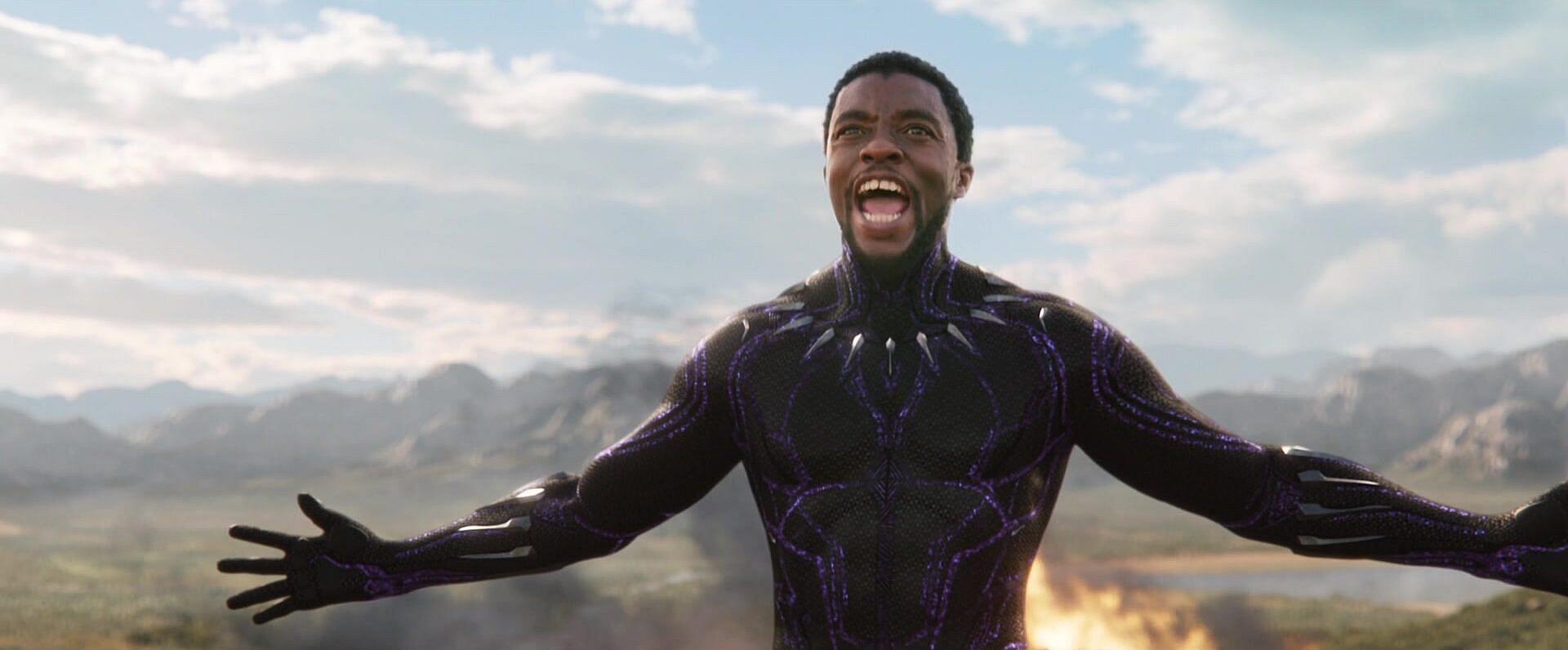 T'Challa (Chadwick Boseman) confronts Erik Killmonger (Michael B. Jordan) in Black Panther (2018)