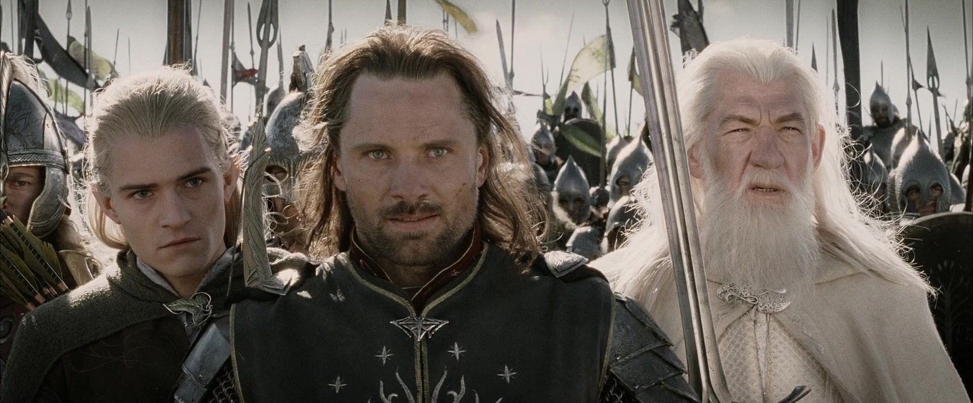 Legolas (Orlando Bloom), Aragorn (Viggo Mortensen), and Gandalf (Sir Ian McKellen) prepare to meet the forces of Mordor in The Lord of the Rings: The Return of the King (2003), Warner Bros. Pictures