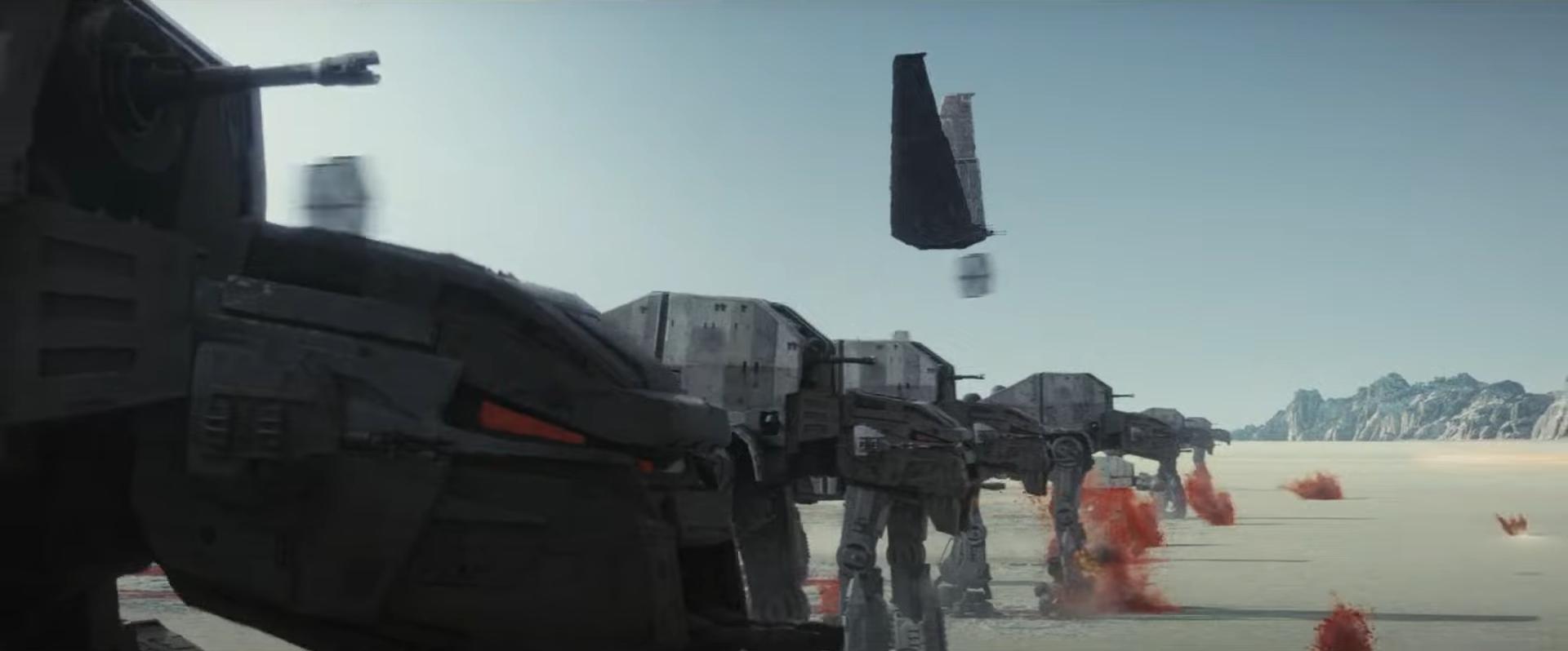 The First Order's AT-M6s, Upsilon-class command shuttle, and TIE Fighters advance during the Battle of Crait in Star Wars Episode VIII - The Last Jedi (2017), Lucasfilm