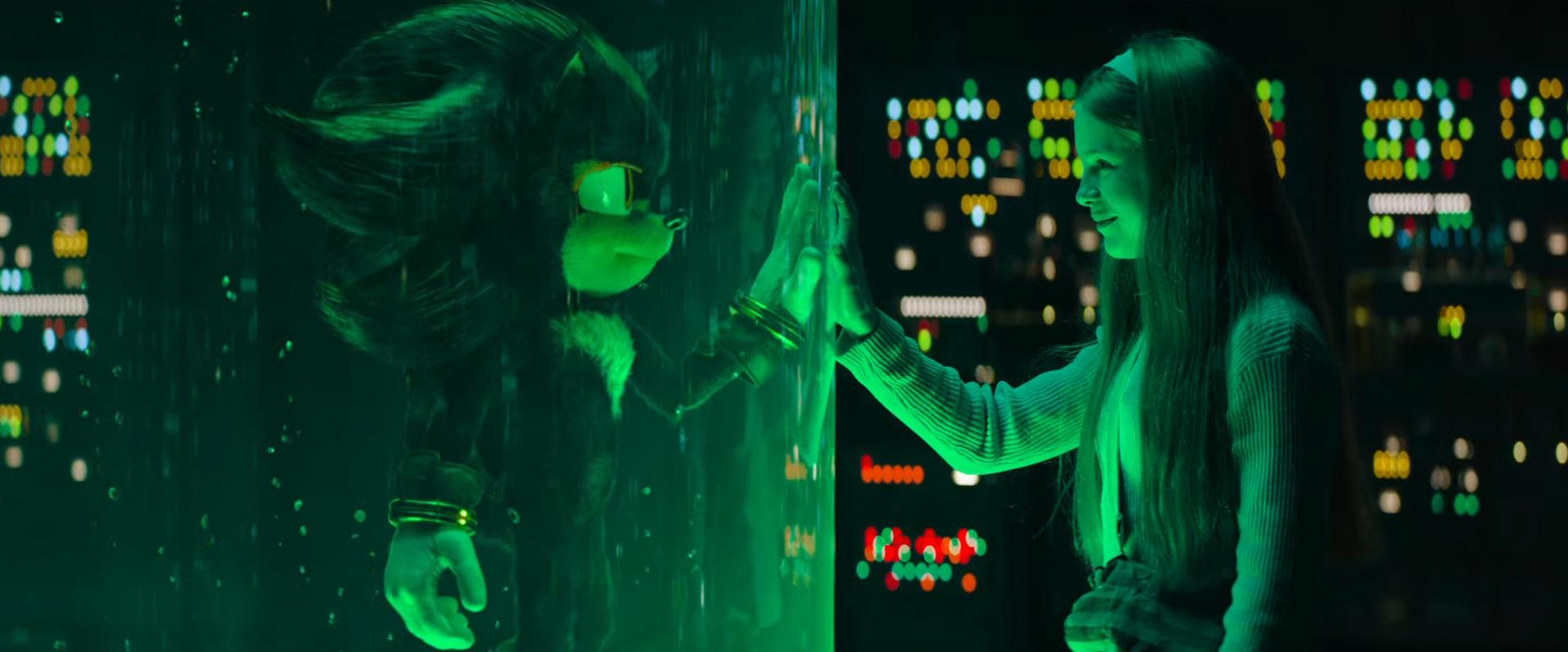 Shadow (Keanu Reeves) connects with Maria (Alyla Browne) in Sonic the Hedgehog 3 (2024), Paramount Pictures