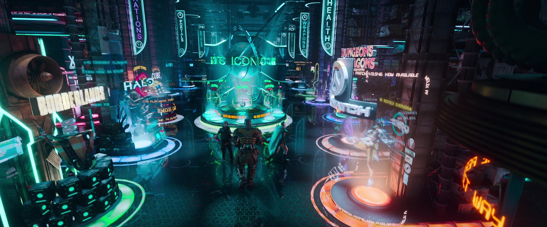 Parzival (Tye Sheridan), Art3mis (Olivia Cooke), and Aech (Lena Waithe) walk through Avatar Outfitters and their numerous stations based on popular games in Ready Player One (2018), Warner Bros. Pictures