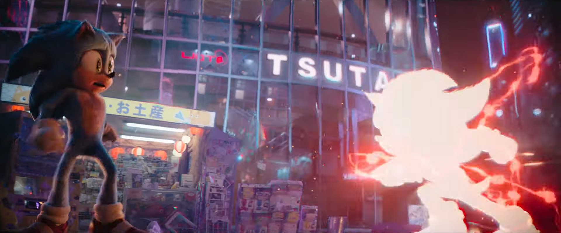 Sonic (Ben Schwartz) is shocked as Shadow (Keanu Reeves) vanishes before his eyes in Sonic the Hedgehog 3 (2024), Paramount Pictures