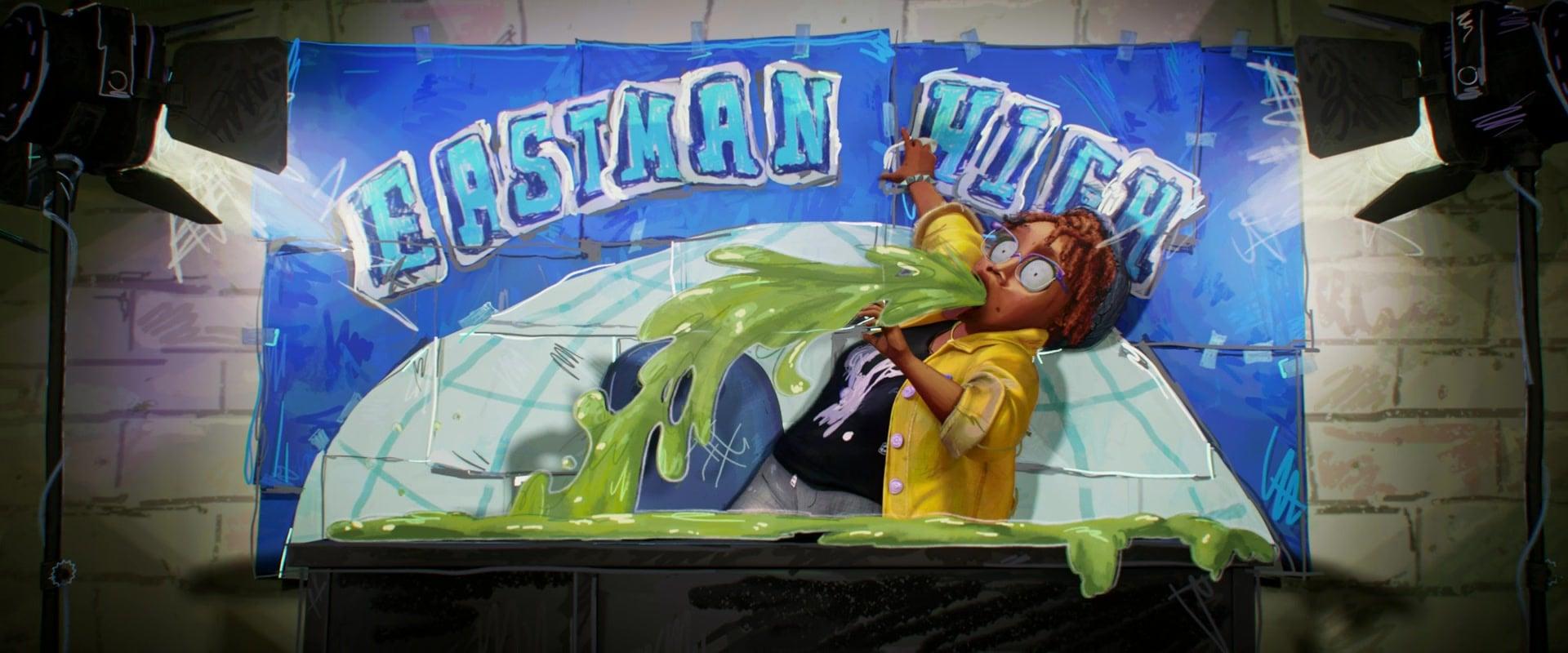 April O'Neil (Ayo Edebiri) pukes in front of the camera in Teenage Mutant Ninja Turtles: Mutant Mayhem (2023), Paramount Pictures