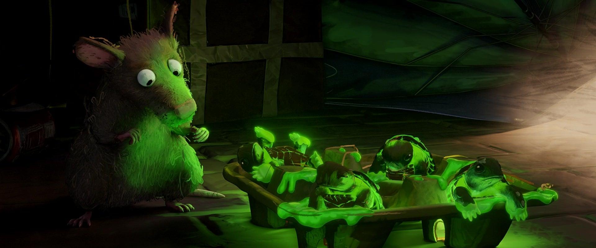 Splinter (Jackie Chan) takes care of the turtles in Teenage Mutant Ninja Turtles: Mutant Mayhem (2023), Paramount Pictures