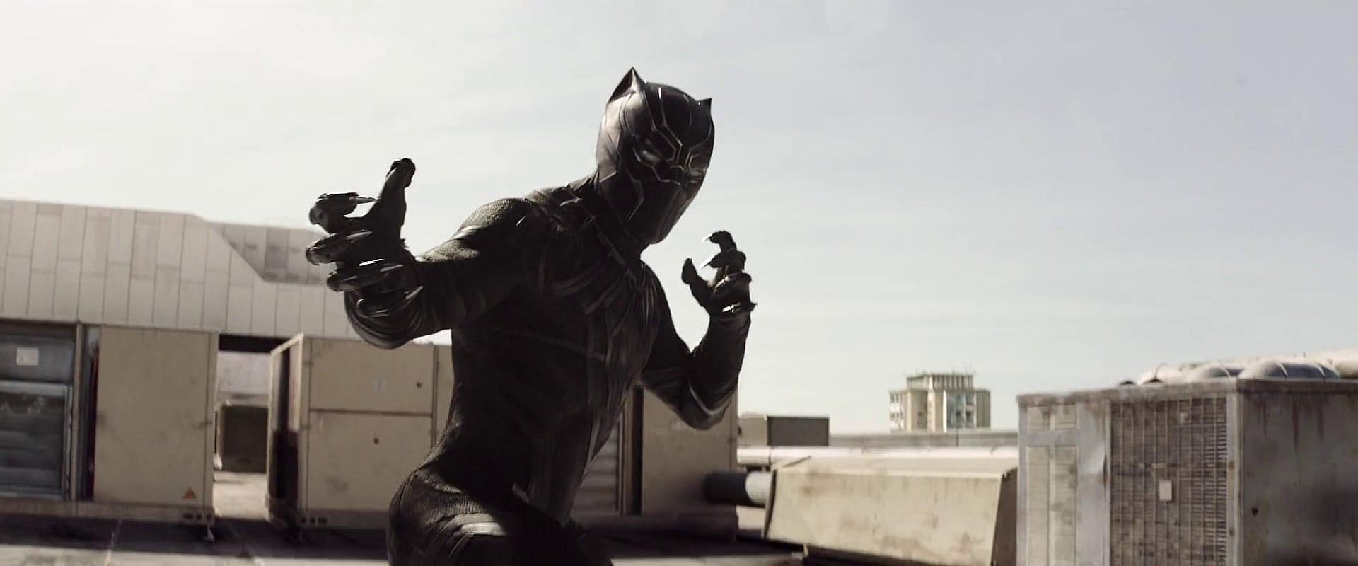 Black Panther (Chadwick Boseman) attacks the Winter Soldier (Sebastian Stan) in Captain America