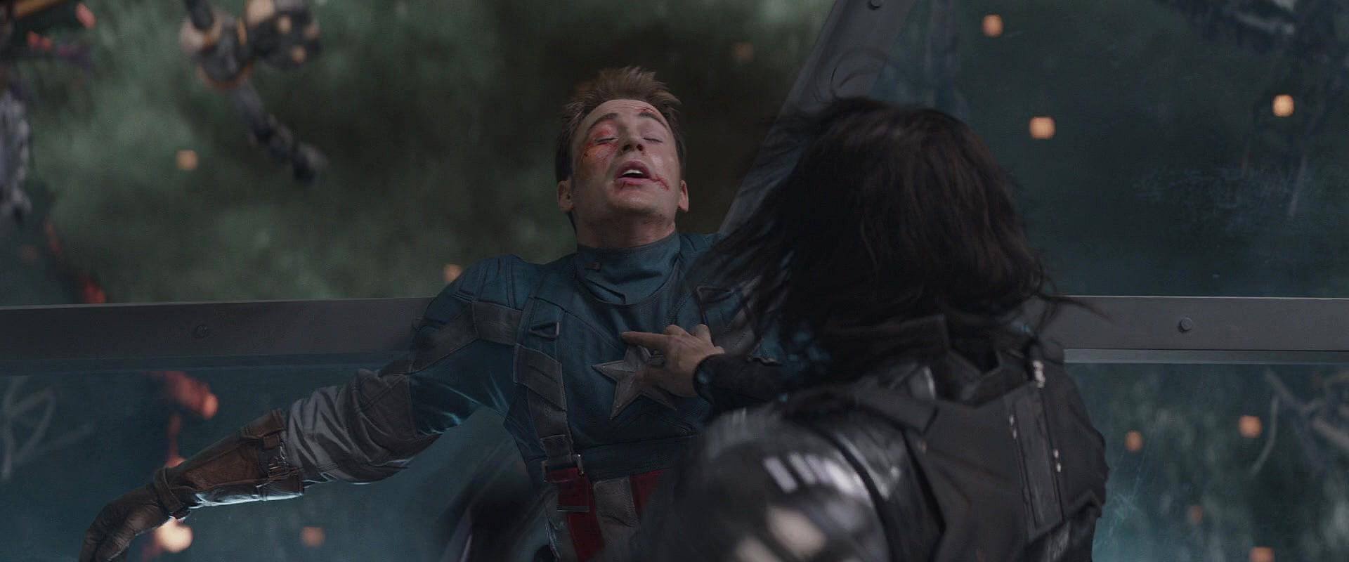 Bucky (Sebastian Stan) stands victorious over Steve Rogers (Chris Evans) in Captain America: The