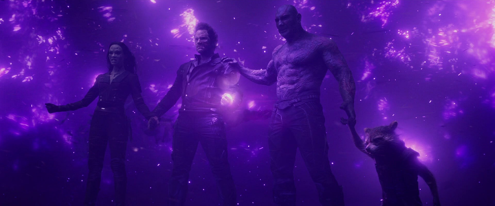 Gamora (Zoe Saldaña), Star-Lord (Chris Pratt), Drax the Destroyer (Dave Bautista) and Rocket Raccoon (Bradley Cooper) n Guardians of the Galaxy (2014), Marvel Studios