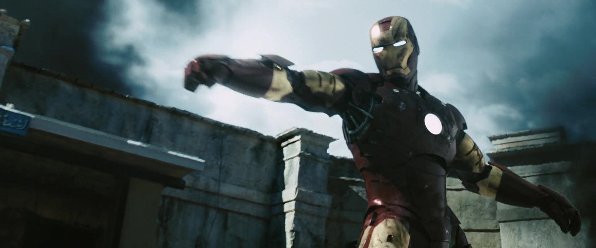 Iron Man (Robert Downey Jr.) puts an end to the Ten Rings' assault on Gulmira, Afghanistan in Iron Man (2008), Marvel Entertainment