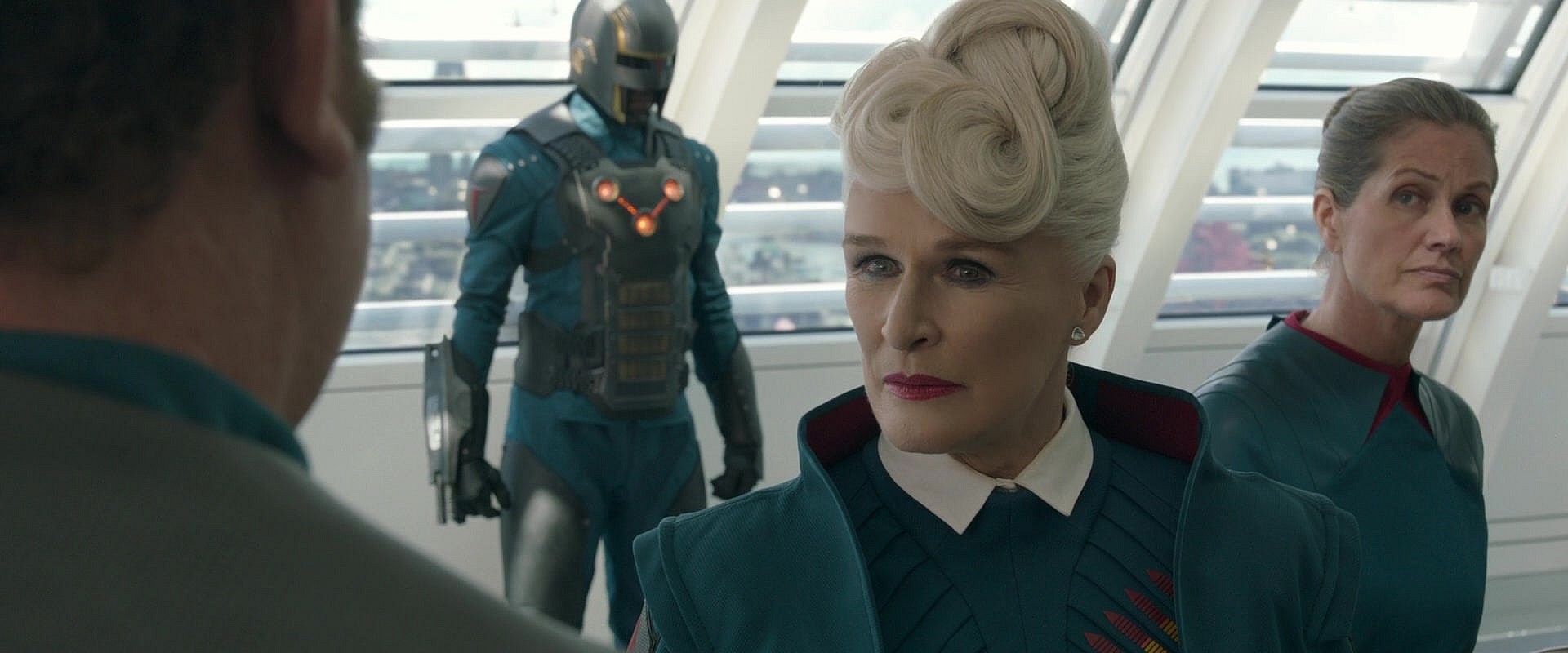 Nova Prime (Glenn Close) prepares to scramble the Nova Corps against Ronan's forces in Guardians of the Galaxy (2014), Marvel Entertainment