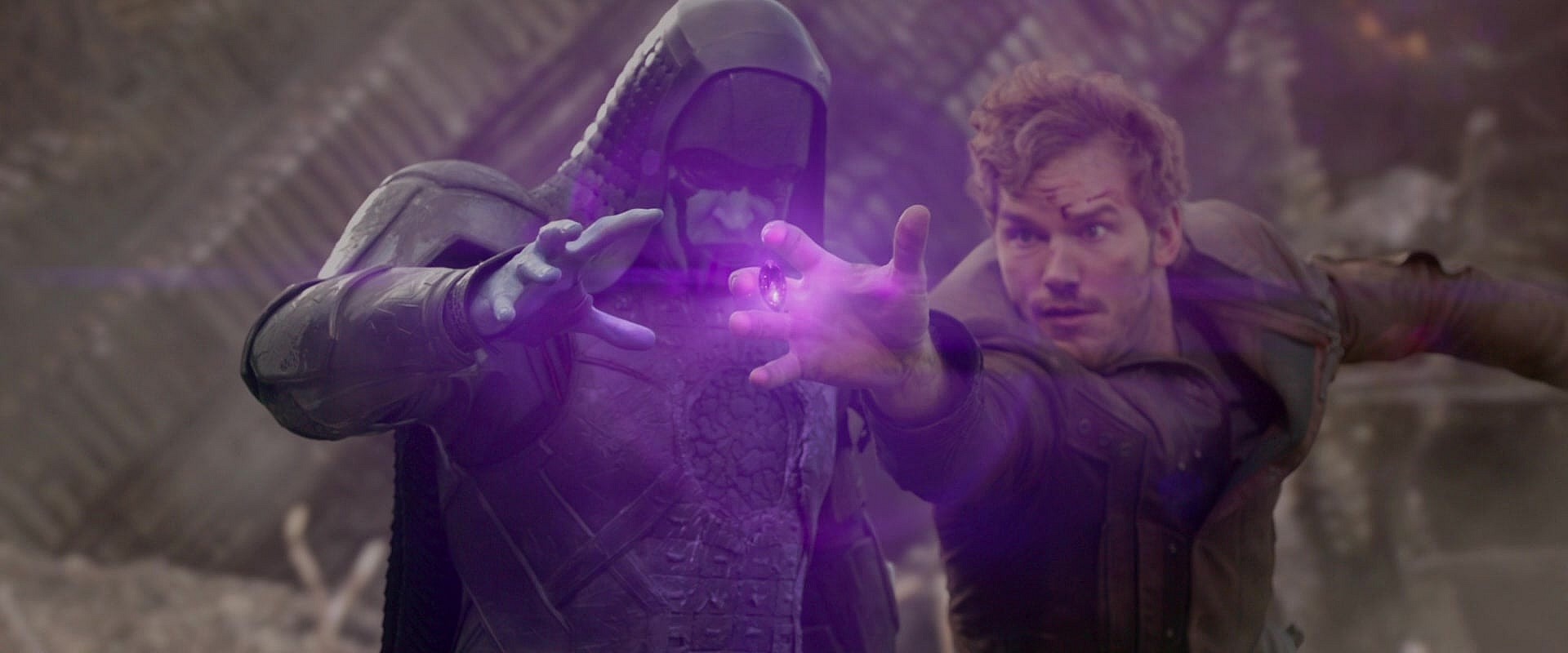 Star-Lord (Chris Pratt) attempts to steal the Power Stone from Ronan the Accuser (Lee Pace) in Guardians of the Galaxy (2014), Marvel Studios