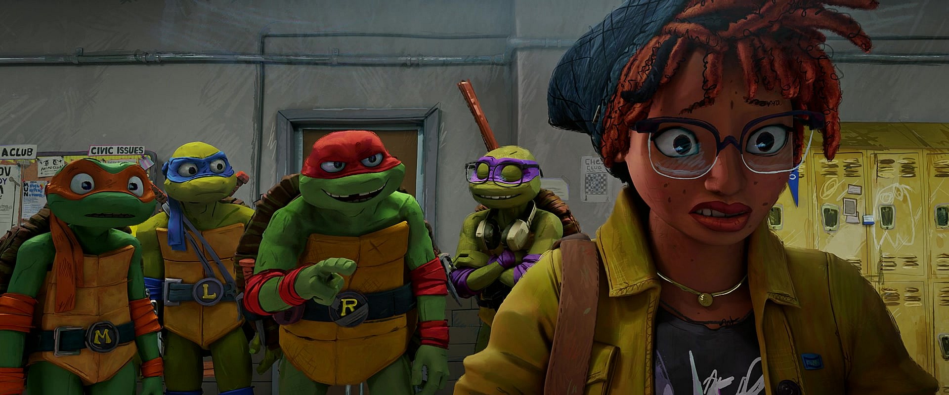 April O'Neil (Ayo Edebiri) scrambles to hide the Turtles from her schoolmates in Teenage Mutant Ninja Turtles: Mutant Mayhem (2023), Paramount Pictures