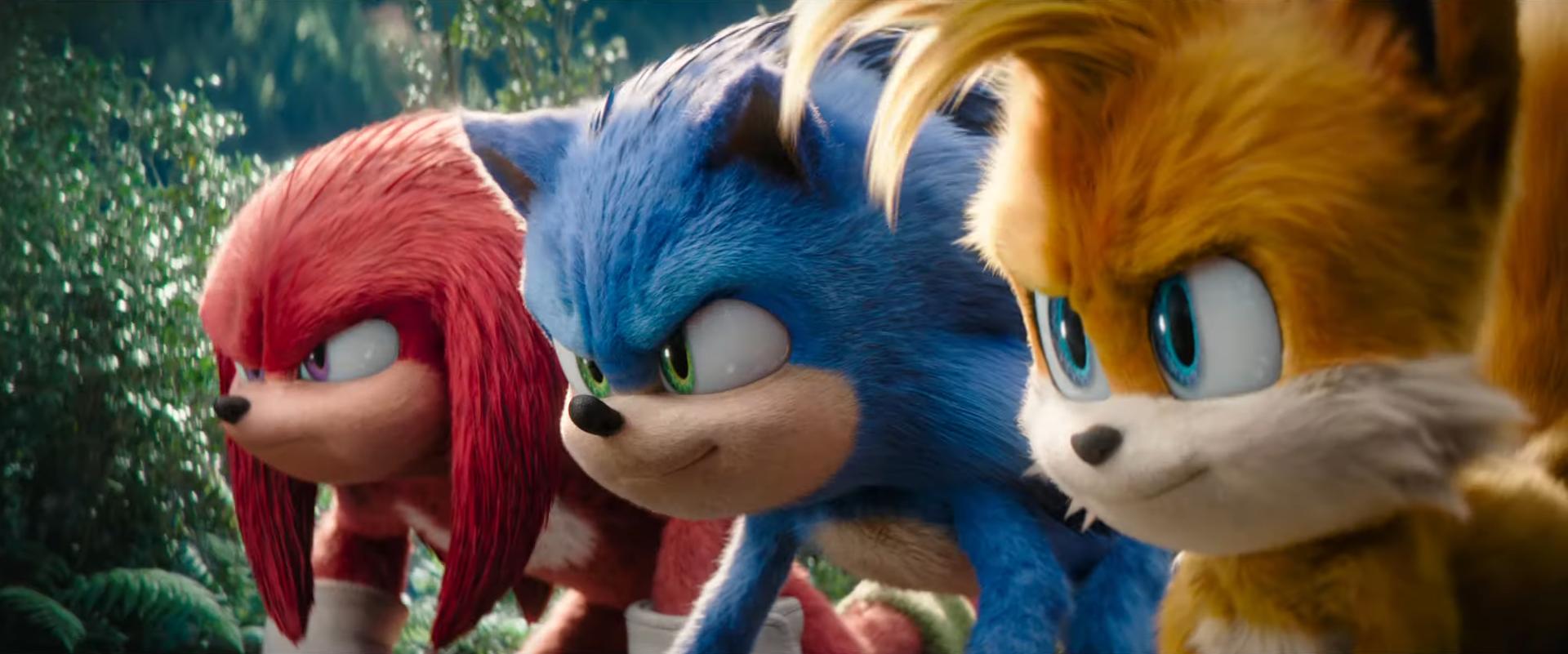 Sonic (Ben Schwartz), Tails (Colleen O'Shaughnessey), and Knuckles (Idris Elba) get ready to race in Sonic the Hedgehog 3 (2024), Paramount Pictures