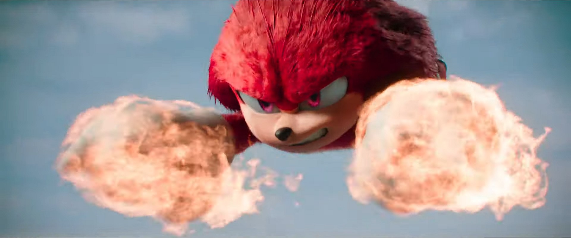 Knuckles (Idris Elba) glides with burning fists in Sonic the Hedgehog 3 (2024), Paramount Pictures