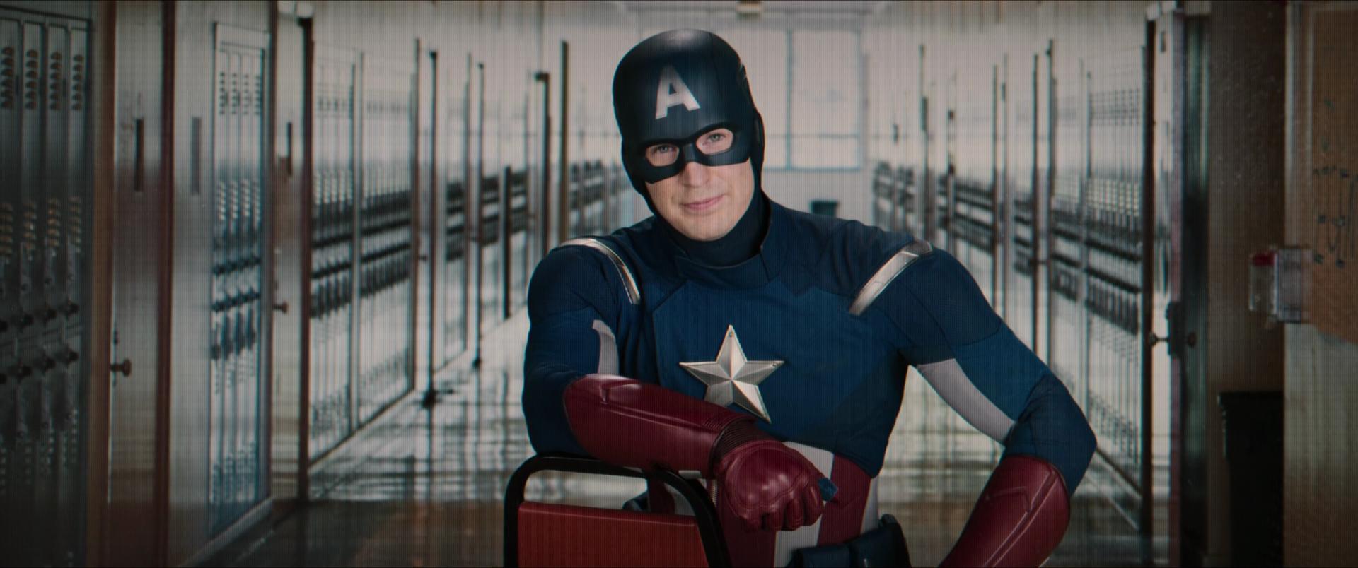 Captain America (Chris Evans) has a word with viewers in Spider-Man: Homecoming (2017), Marvel Entertainment