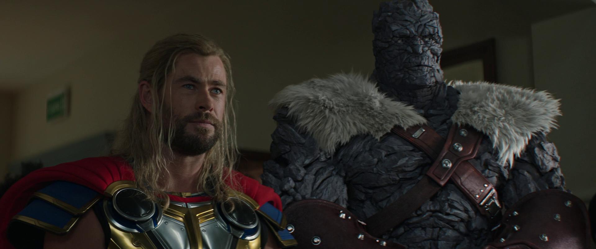 Thor (Chris Hemsworth) talks with Korg (Taika Waititi) about the mysterious return of Jane Foster (Natalie Portman) in Thor: Love and Thunder (2022), Marvel Entertainment via Blu-ray