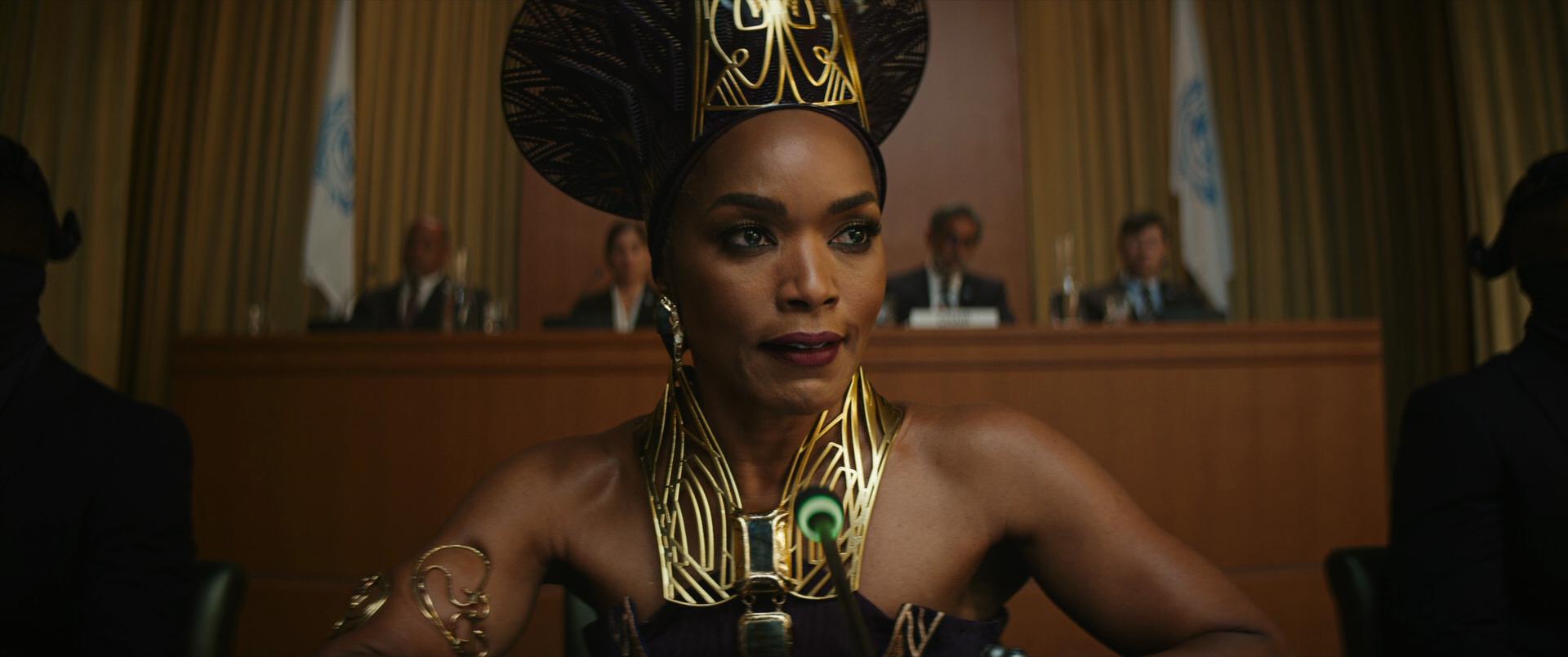 Queen Ramonda (Angela Bassett) prepares to address the United Nations in Black Panther: Wakanda Forever (2022), Marvel Entertainment