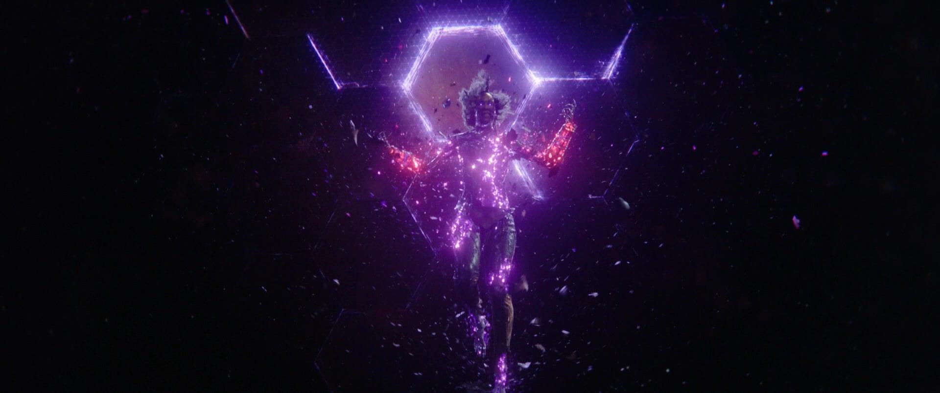 Dar-Benn (Zawe Ashton) is overwhelmed by the power of the Quantum Bands in The Marvels (2023), Marvel Entertainment