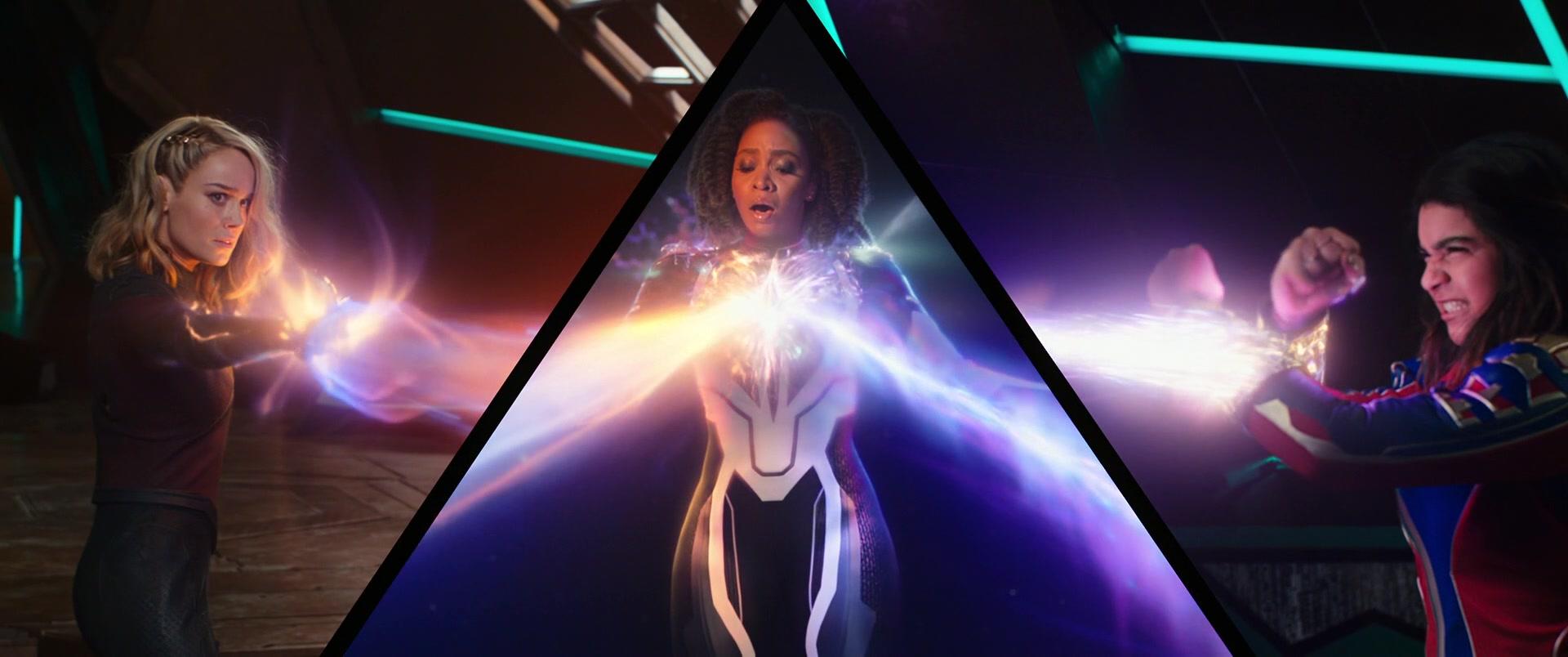 An actual shot of the titular team powering up in The Marvels (2023), Marvel Entertainment