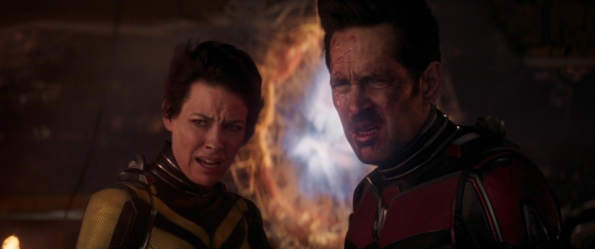 Scott (Paul Rudd) and Hope (Evangeline Lilly) are shocked by Cassie's (Kathryn Newton) surprise rescue attempt in Ant-Man and the Wasp: Quantumania (2023), Marvel Entertainment