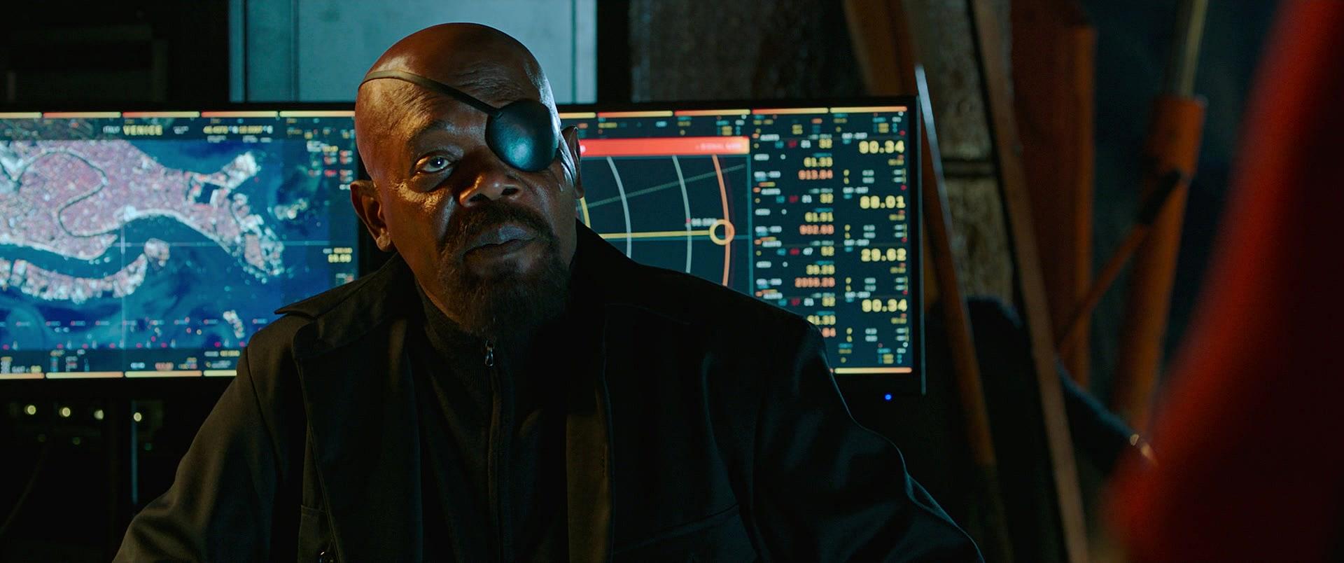 Nick Fury (Samuel L. Jackson) recruits Peter Parker (Tom Holland) in Spider-Man: Far From Home