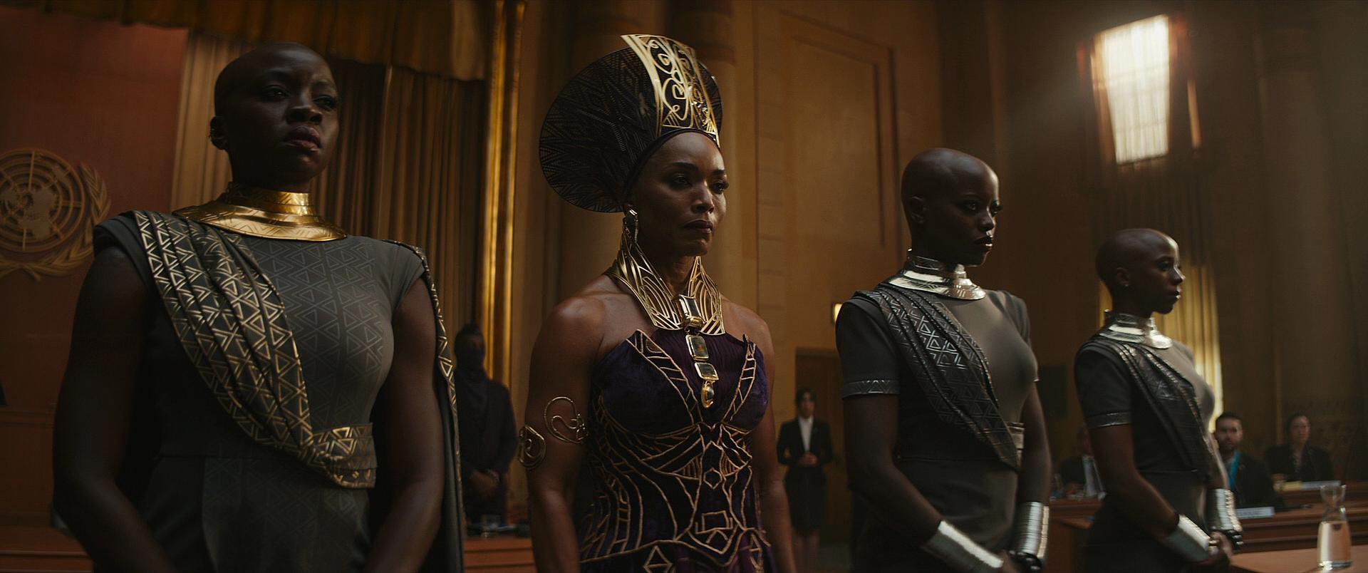 Queen Ramonda (Angela Bassett) tells the UN that Wakanda is not to be tested in Black Panther